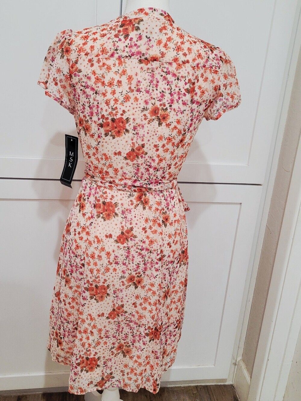 NWT MSK Floral Tie-Waist Cap Sleeve Dress - Pink/Peach | Size 4 - Picture 6 of 10